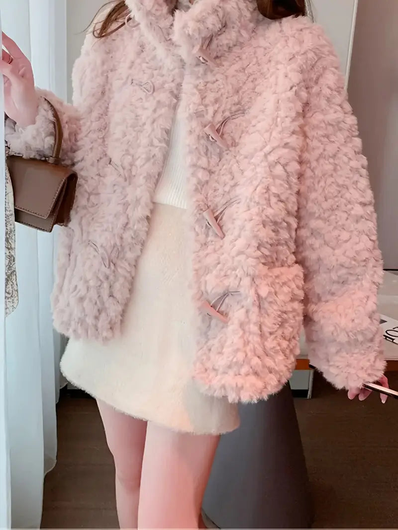 Vintage styl, elegancki damski płaszcz z różowej wełny, kożucha i sztucznego futerka
 - VistulaChic